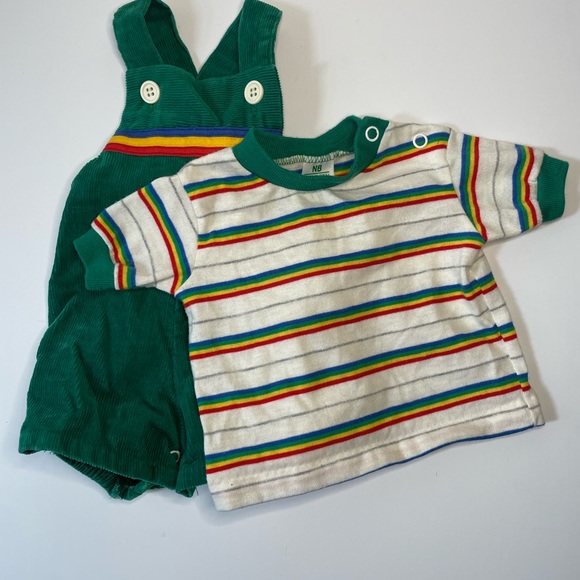 Vintage Newborn Overalls Outfit Green Corduroy Rainbow Striped Shirt Boy Or Girl - Picture 3 of 12